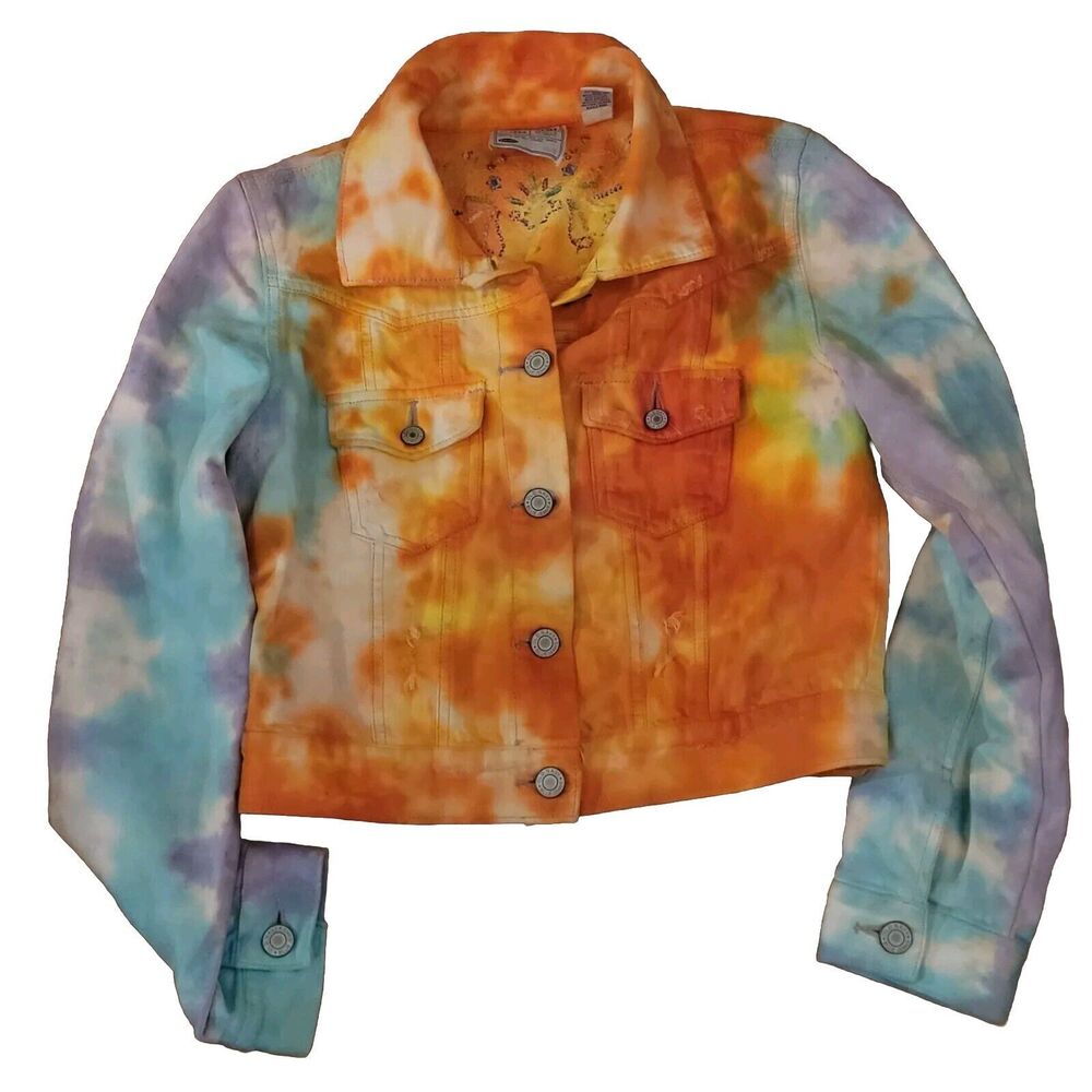 Old Navy Tie Dye Denim Cotton Jacket With Seed Bead Design Womens Size M 00016